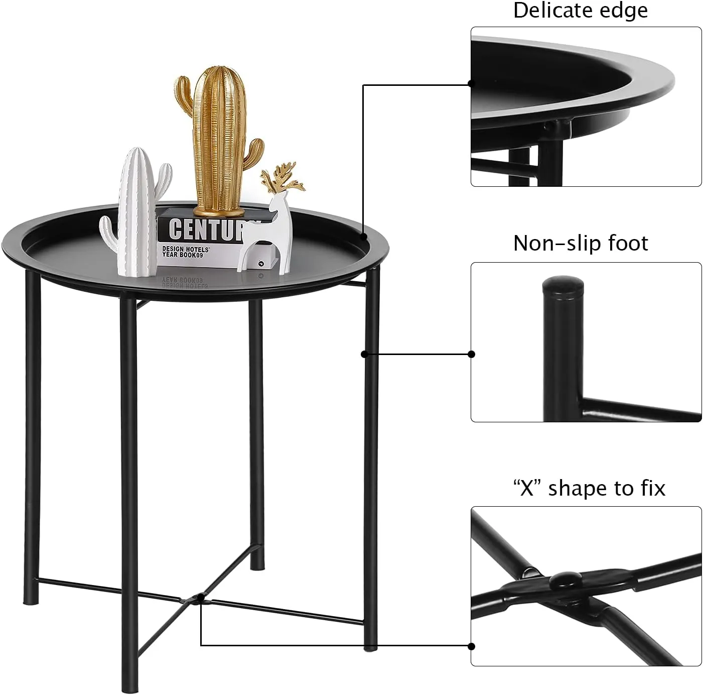 VECELO Side/End Table, Folding Round Metal Anti-Rust and Waterproof Outdoor or Indoor Tray for Living Room Bedroom Balcony and Office, 1 PCS, Black