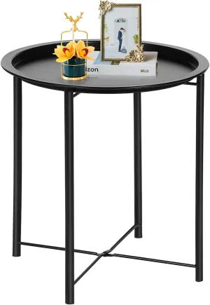 VECELO Side/End Table, Folding Round Metal Anti-Rust and Waterproof Outdoor or Indoor Tray for Living Room Bedroom Balcony and Office, 1 PCS, Black