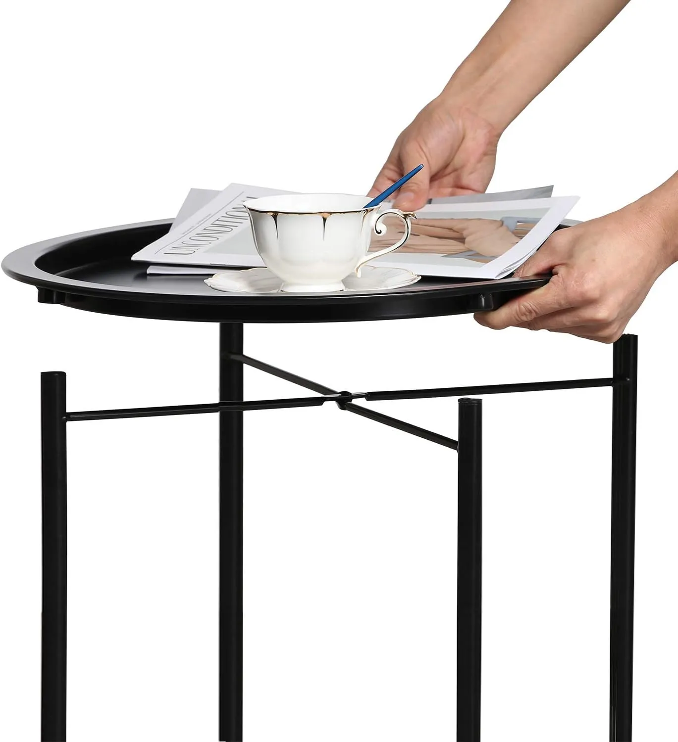 VECELO Side/End Table, Folding Round Metal Anti-Rust and Waterproof Outdoor or Indoor Tray for Living Room Bedroom Balcony and Office, 1 PCS, Black