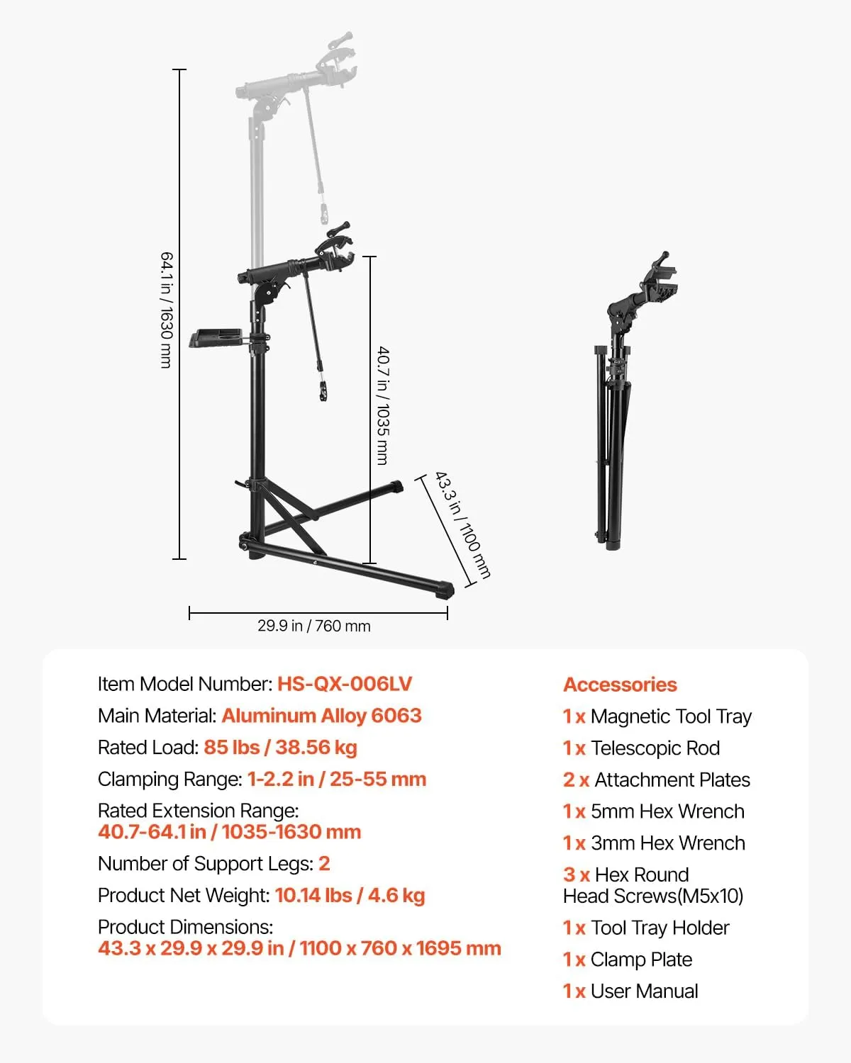 VEVOR Bike Repair Stand, 85 lb Heavy-duty Bicycle Work Stand with 40.7-64.1 in Adjustable Height & Magnetic Tool Tray, Foldable Bicycle Maintenance Rack, Shop Home Mechanics for Mountain & Road Bike