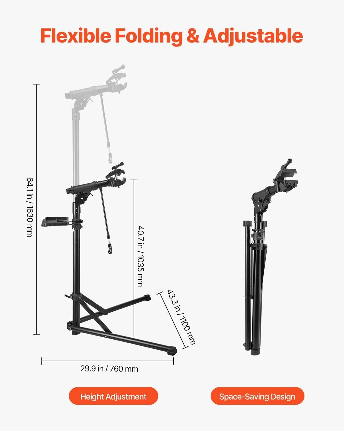 VEVOR Bike Repair Stand, 85 lb Heavy-duty Bicycle Work Stand with 40.7-64.1 in Adjustable Height & Magnetic Tool Tray, Foldable Bicycle Maintenance Rack, Shop Home Mechanics for Mountain & Road Bike
