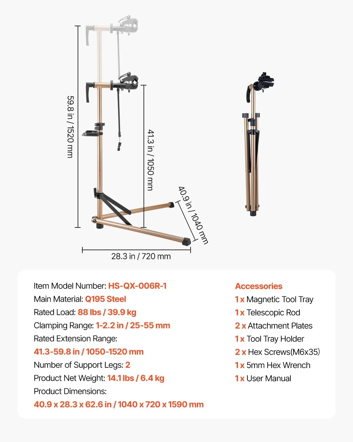 VEVOR Bike Repair Stand, 88 lb Heavy-duty Bicycle Work Stand with 41.3-59.8 in Adjustable Height & Magnetic Tool Tray, Foldable Bicycle Maintenance Rack, Shop Home Mechanics for Mountain & Road Bike