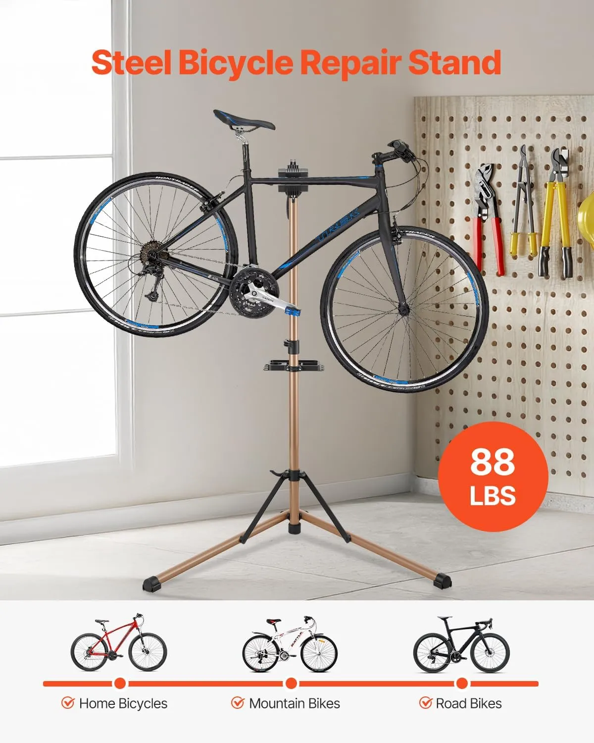 VEVOR Bike Repair Stand, 88 lb Heavy-duty Bicycle Work Stand with 41.3-59.8 in Adjustable Height & Magnetic Tool Tray, Foldable Bicycle Maintenance Rack, Shop Home Mechanics for Mountain & Road Bike