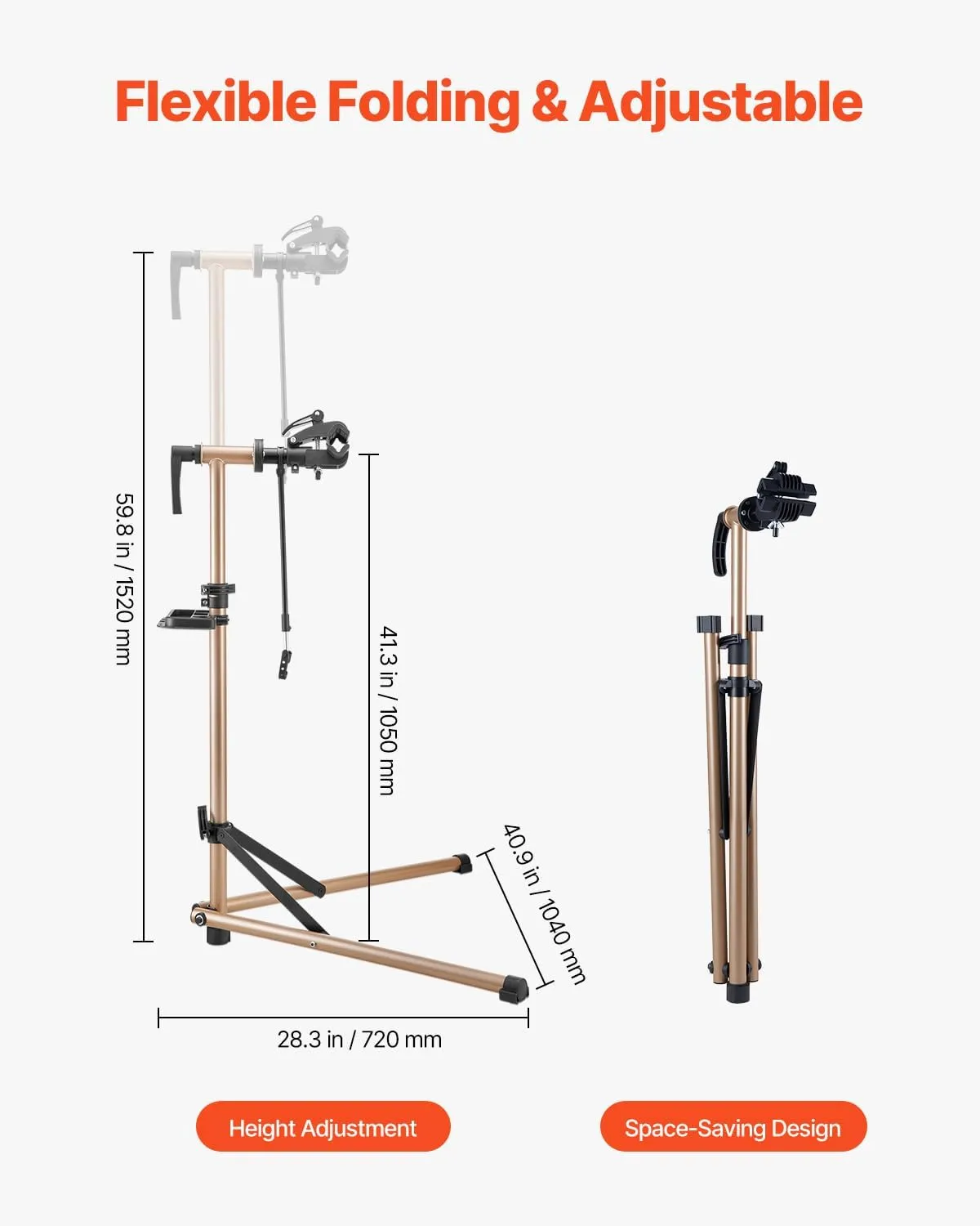 VEVOR Bike Repair Stand, 88 lb Heavy-duty Bicycle Work Stand with 41.3-59.8 in Adjustable Height & Magnetic Tool Tray, Foldable Bicycle Maintenance Rack, Shop Home Mechanics for Mountain & Road Bike