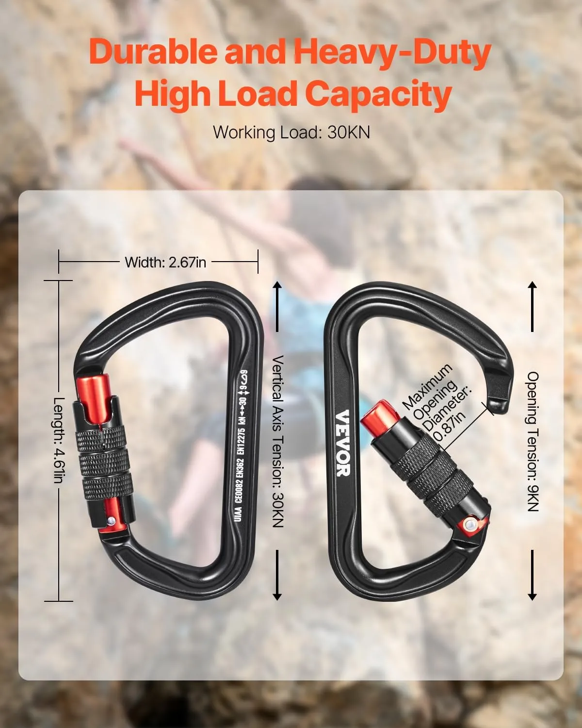 VEVOR Climbing Carabiner Clips, 3 PCS Heavy Duty Carabiner, Professional 30KN(6744lbs) Spindle Strength, Hiking, Rappelling, Rescue, Dog Leash, Hammocks, Swings