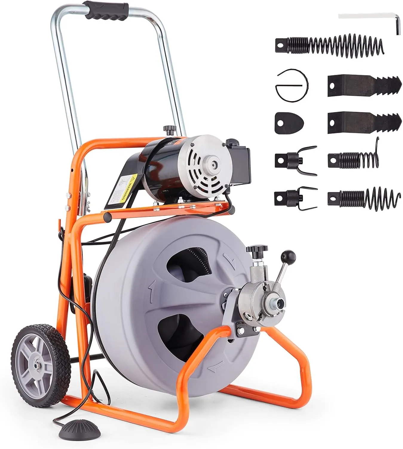 VEVOR Drain Cleaner Machine 100FT x 1/2 Inch, Auto Feed Sewer Snake Drain Auger on Wheels, Portable Drain Cleaning Machine with 8 Cutters & Air-activated Foot Switch for 2" to 4" Pipes