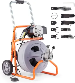 VEVOR Drain Cleaner Machine 100FT x 1/2 Inch, Auto Feed Sewer Snake Drain Auger on Wheels, Portable Drain Cleaning Machine with 8 Cutters & Air-activated Foot Switch for 2" to 4" Pipes