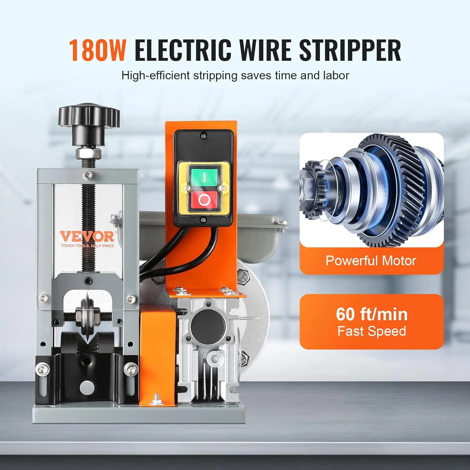 VEVOR Electric Wire Stripping Machine, 0.06''-1.18'' Automatic Wire Stripper, 180 W, 60 ft/min with Visible Stripping Depth Reference