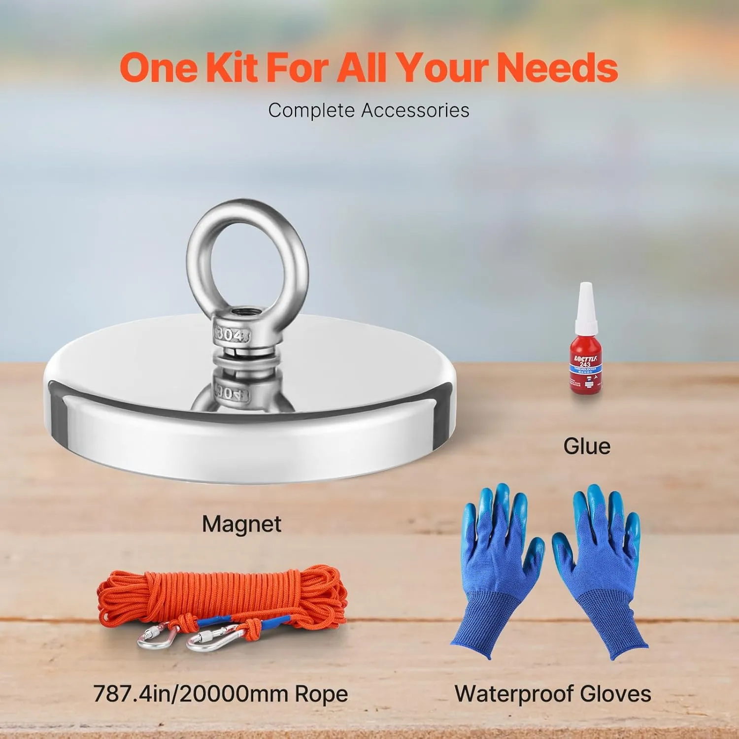 VEVOR Magnet Fishing Kit, 1300 LBS/590 Kg Single-Sided Pulling Force Strong Magnet Fishing Kit, Rare Earth Neodymium Magnetic Fishing Kit Includes Grappling Hook, Heavy Duty Rope, Gloves and Eyebolt