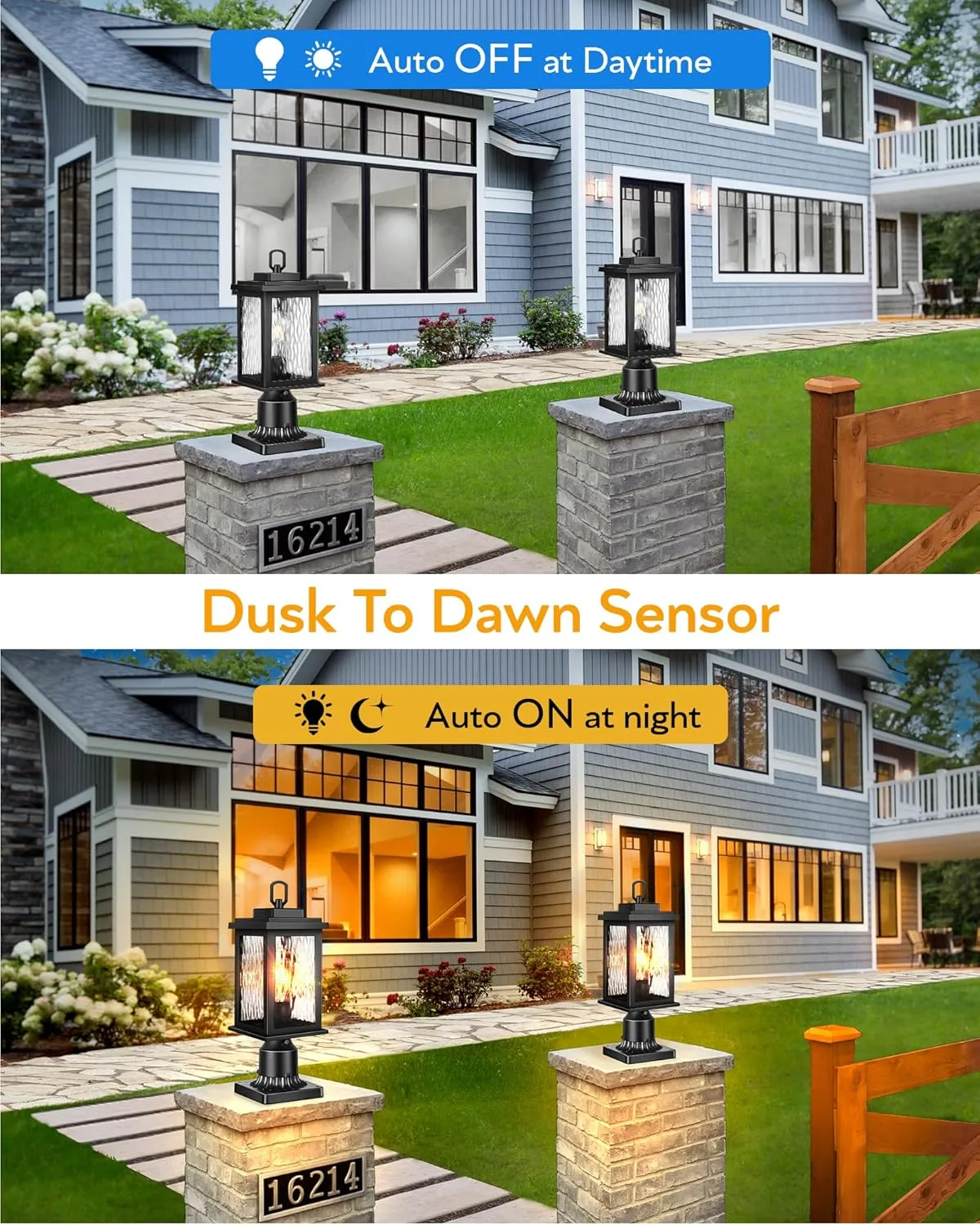 VIANIS Dusk to Dawn Outdoor Post Light Fixture with Pier Mount Base, 2 Pack Waterproof Lamp Posts Outdoor Lighting, Anti-Rust Aluminum Black Post Lantern Outdoor with Tempered Glass (Hardwired 120V)
