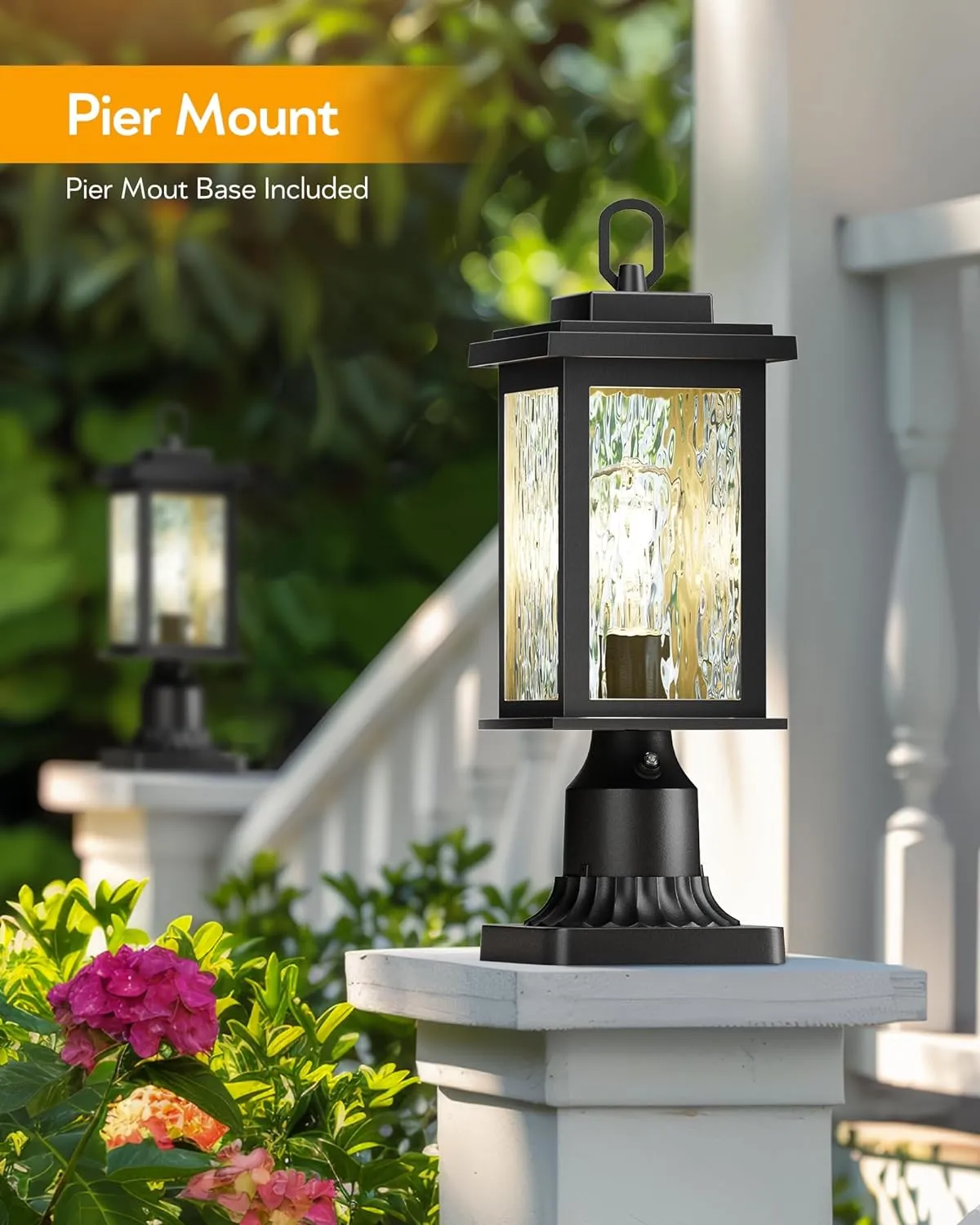 VIANIS Dusk to Dawn Outdoor Post Light Fixture with Pier Mount Base, 2 Pack Waterproof Lamp Posts Outdoor Lighting, Anti-Rust Aluminum Black Post Lantern Outdoor with Tempered Glass (Hardwired 120V)
