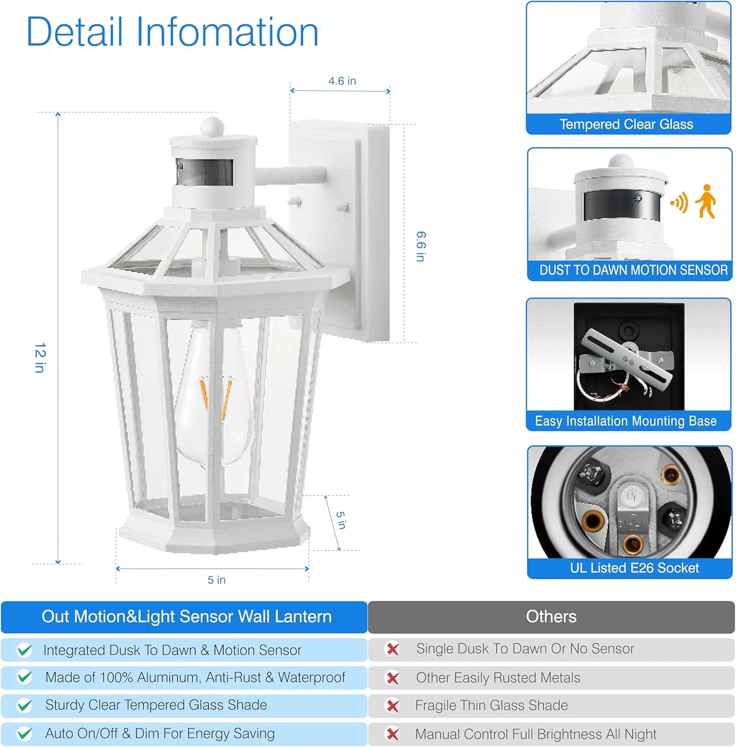VIANIS Motion Sensor Outdoor Light Fixtures Wall Mount, 2 Pack White Dusk to Dawn Exterior Wall Lantern, Anti-Rust Wall Mount Lighting with Clear Glass Shade for House, Entryway, Front Door