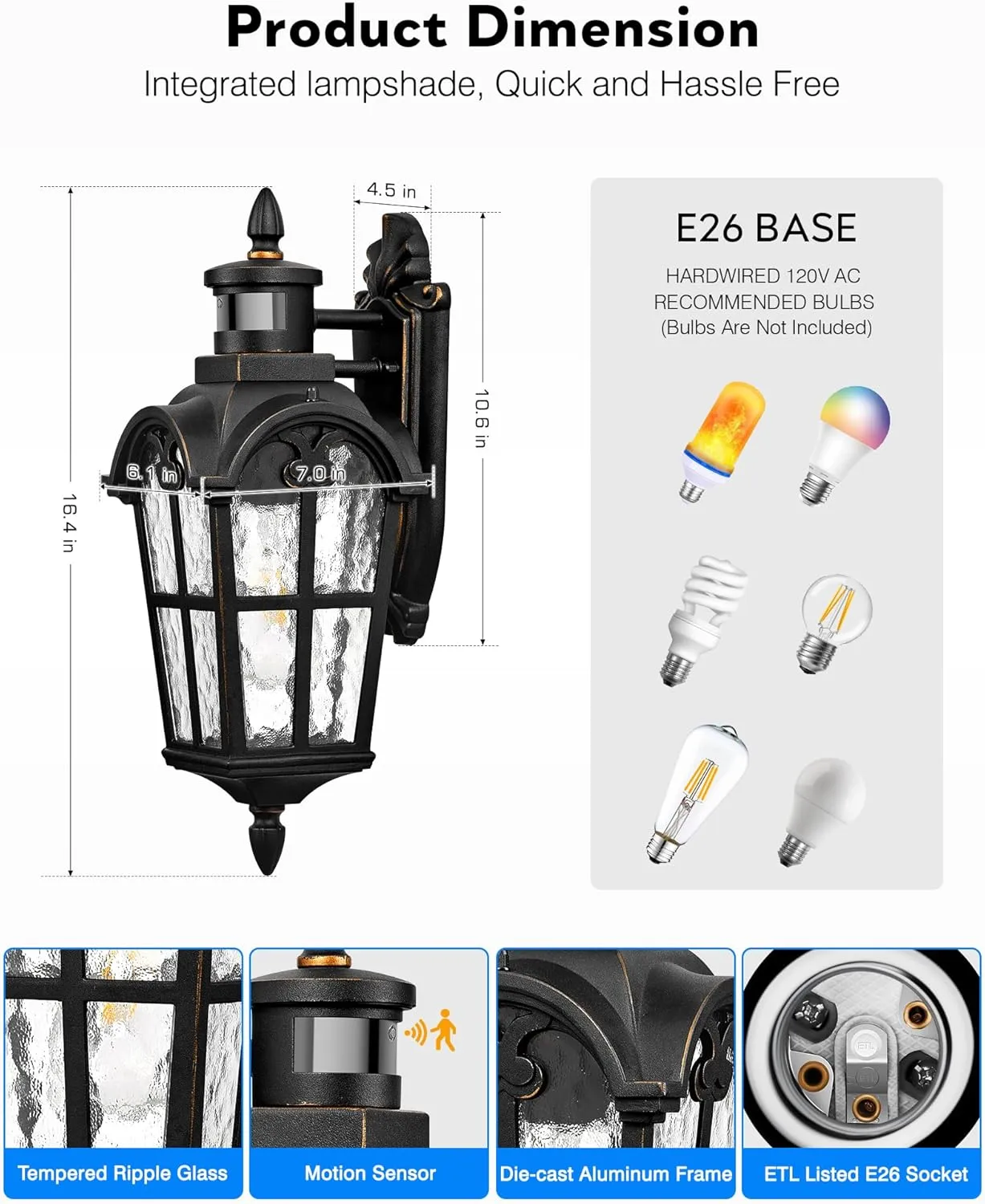 VIANIS Motion Sensor Outdoor Lights, 16.4" H Black Porch Light Outside Lantern with Gold Trim, Waterproof Dusk to Dawn Outdoor Lighting, Exterior Lighting Fixtures for House, Garden, Patio