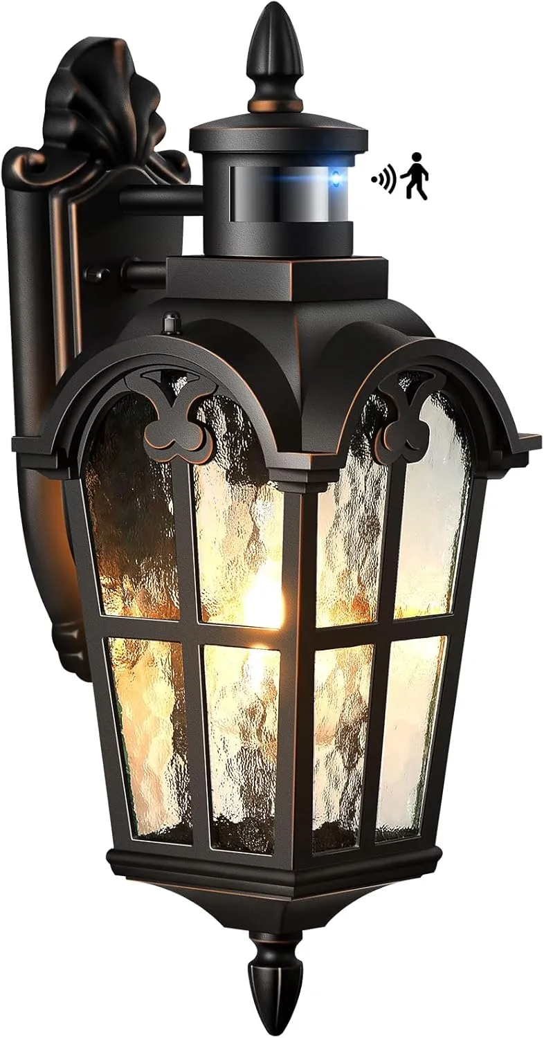 VIANIS Motion Sensor Outdoor Lights, 16.4" H Black Porch Light Outside Lantern with Gold Trim, Waterproof Dusk to Dawn Outdoor Lighting, Exterior Lighting Fixtures for House, Garden, Patio