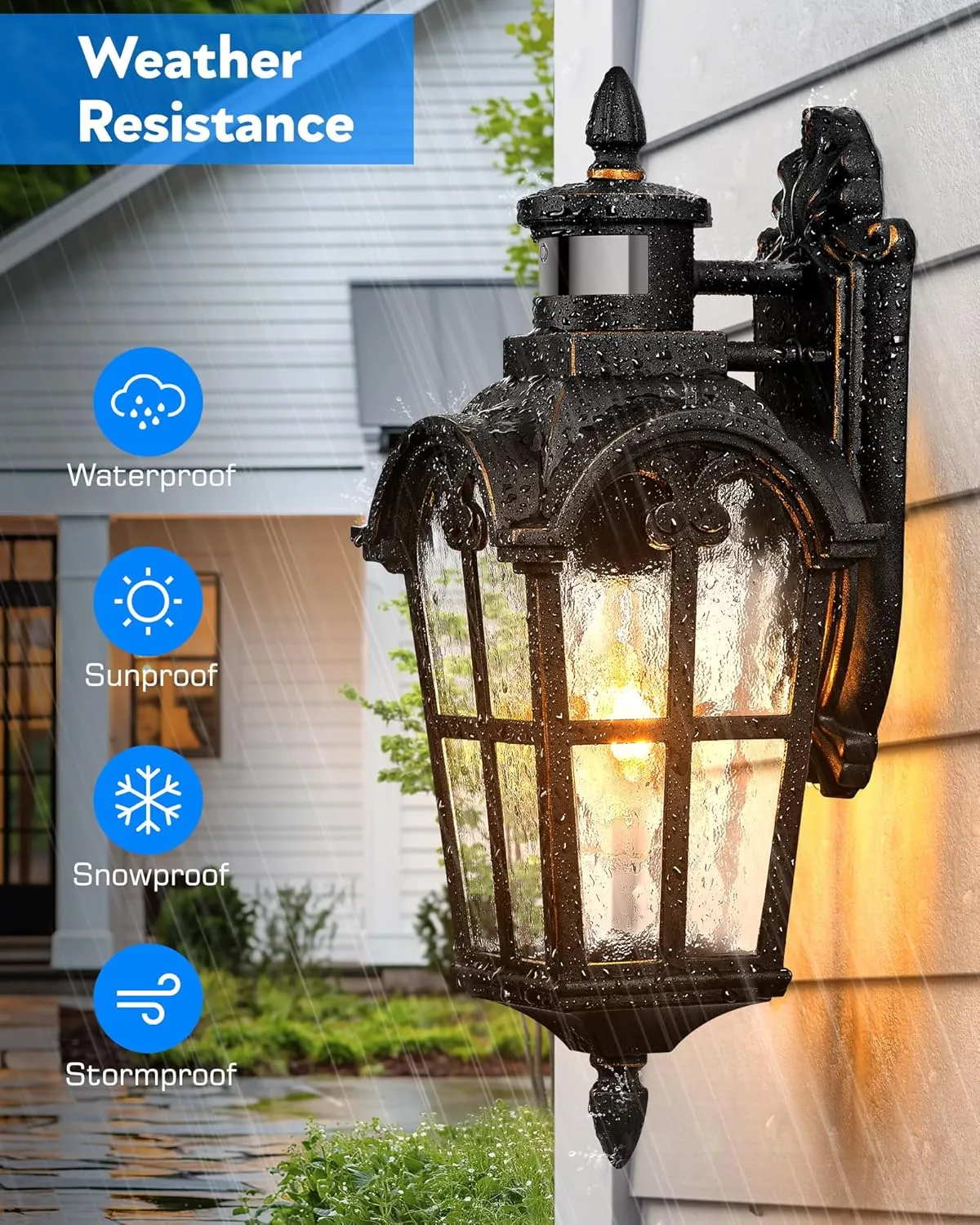 VIANIS Motion Sensor Outdoor Lights, 16.4" H Black Porch Light Outside Lantern with Gold Trim, Waterproof Dusk to Dawn Outdoor Lighting, Exterior Lighting Fixtures for House, Garden, Patio