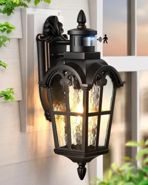 VIANIS Motion Sensor Outdoor Lights, 16.4" H Black Porch Light Outside Lantern with Gold Trim, Waterproof Dusk to Dawn Outdoor Lighting, Exterior Lighting Fixtures for House, Garden, Patio