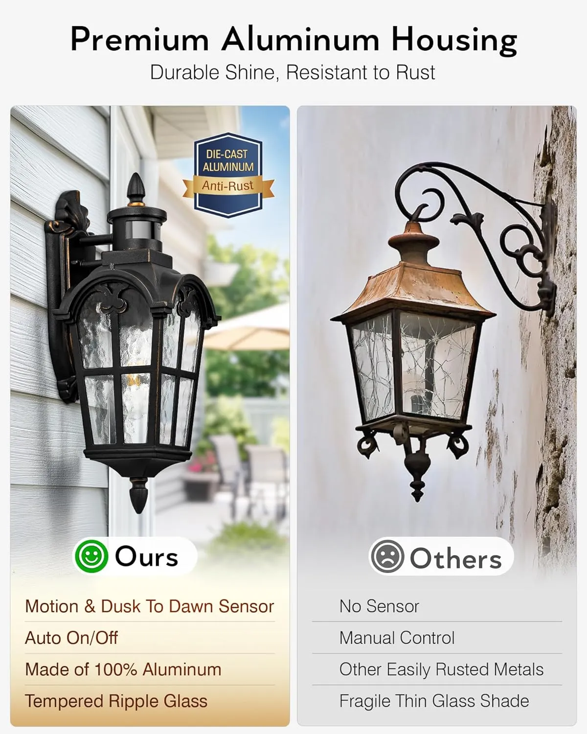 VIANIS Motion Sensor Outdoor Lights, 16.4" H Black Porch Light Outside Lantern with Gold Trim, Waterproof Dusk to Dawn Outdoor Lighting, Exterior Lighting Fixtures for House, Garden, Patio