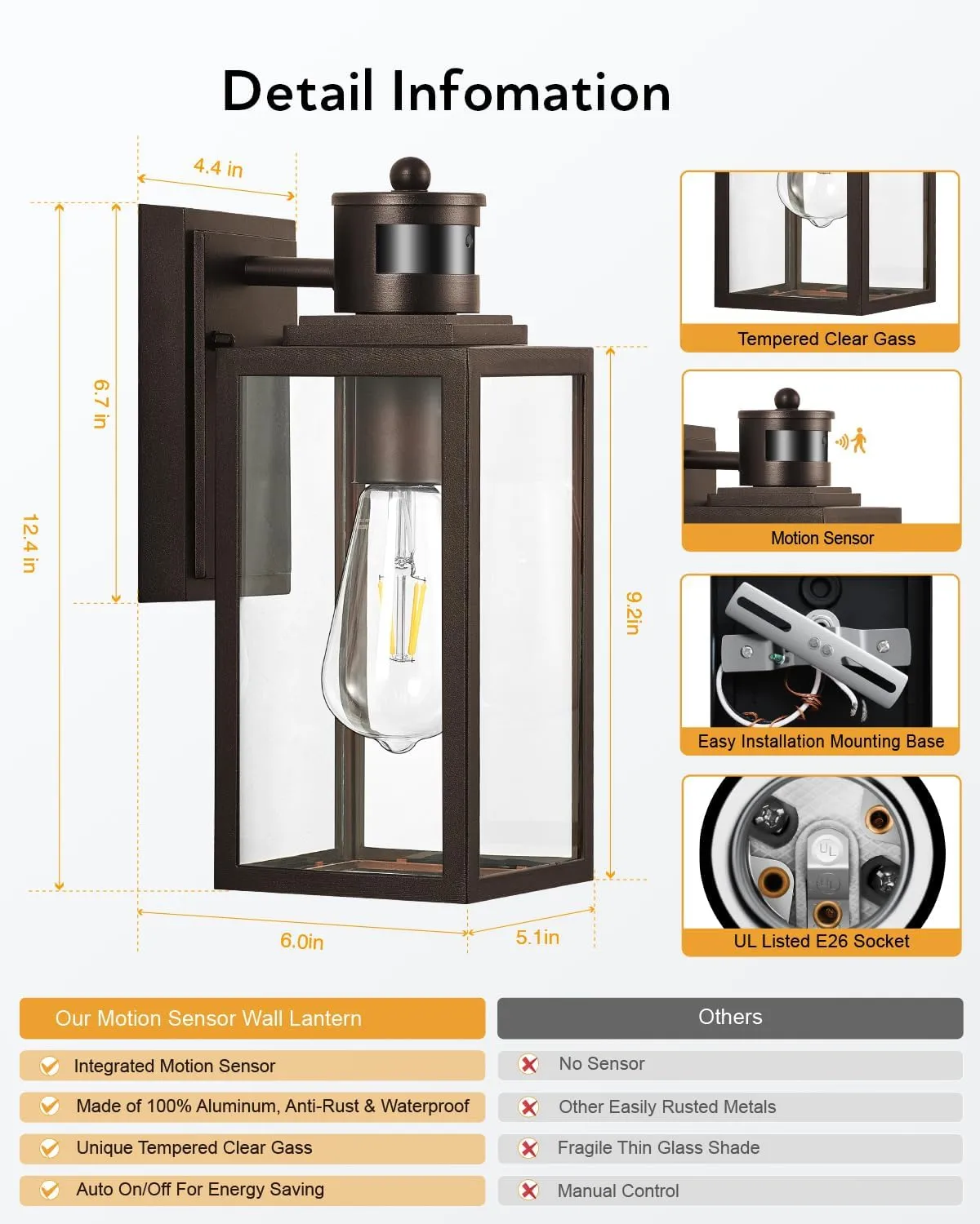 VIANIS Motion Sensor Outdoor Wall Lights, Oil-Rubbed Bronze Dawn to Dusk Exterior Garage Light Fixtures, Aluminum Outside Porch Lights for House Wall Mount, Modern Outdoor Sconce Wall Lantern Lamps