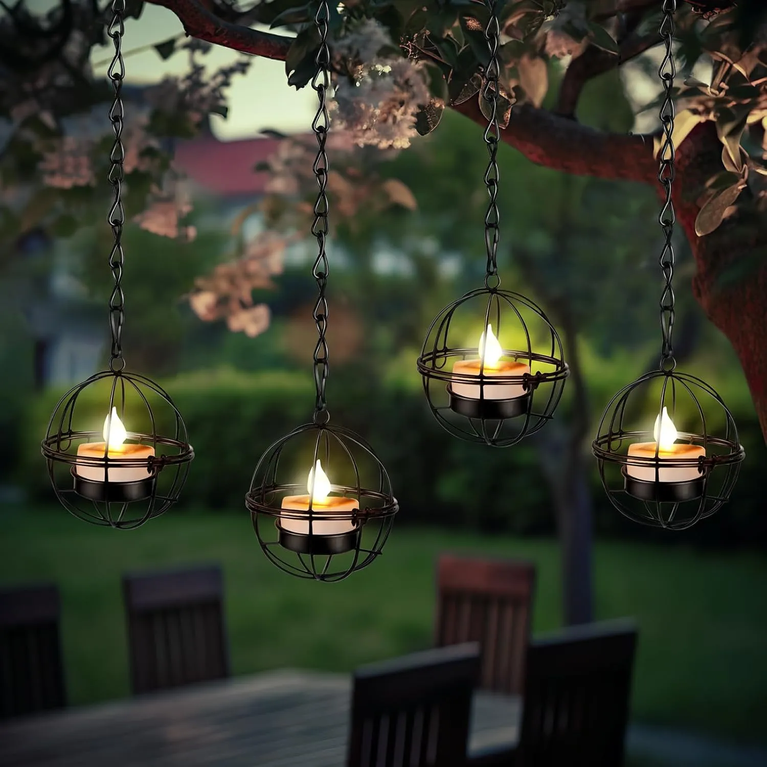 VIHOSE 4 Pack Solar Hanging Lanterns Outdoor Lights Decoration Solar Powered Metal Chandelier Waterproof Hanging Tree Tea Lights Outside Ball Candles Outdoor for Tree Yard Porch Patio Garden