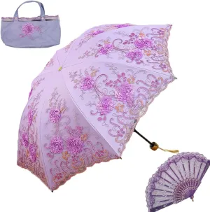 Vintage Lace Umbrella, UPF50  Sun Umbrella, 3D Flower Chinese Embroidery Compact Folding Umbrella for Walking, Wedding, Tea Party,Photo Shooting