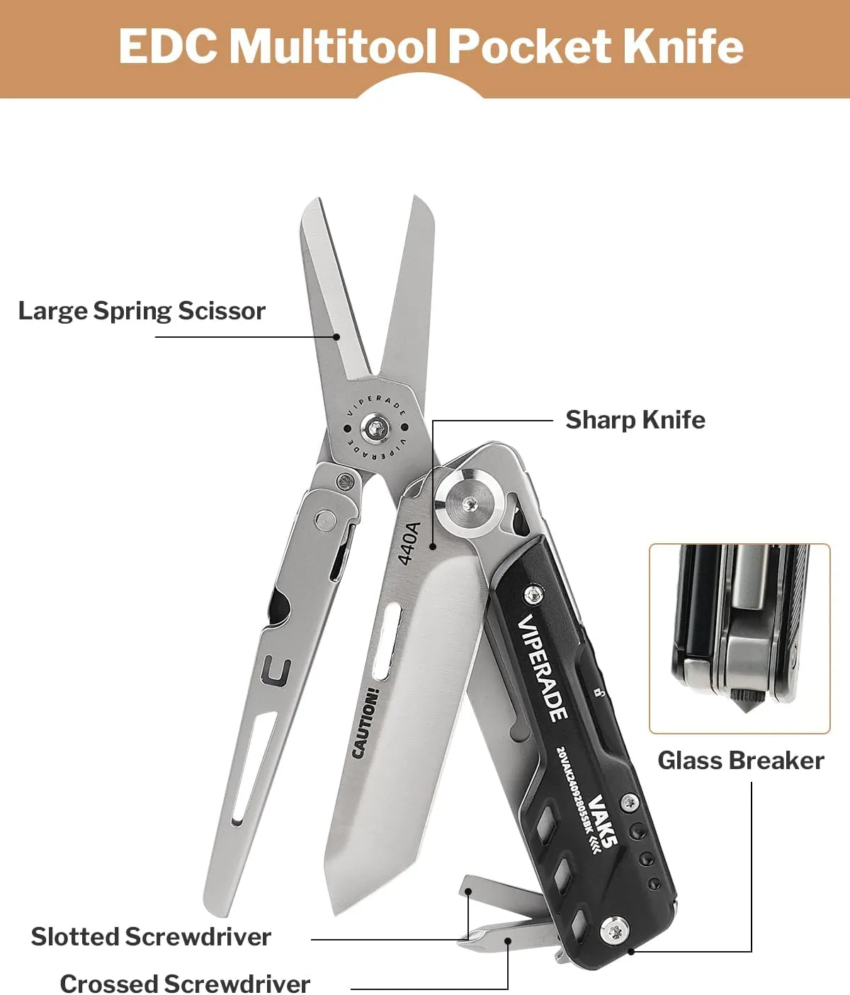 VIPERADE VAK5 Folding Knife with Scissors, Pocket Multitool Knife with Belt Clip, Prefect for Survival, Housework, Hunting, Camping and Everyday Use (VAK5)