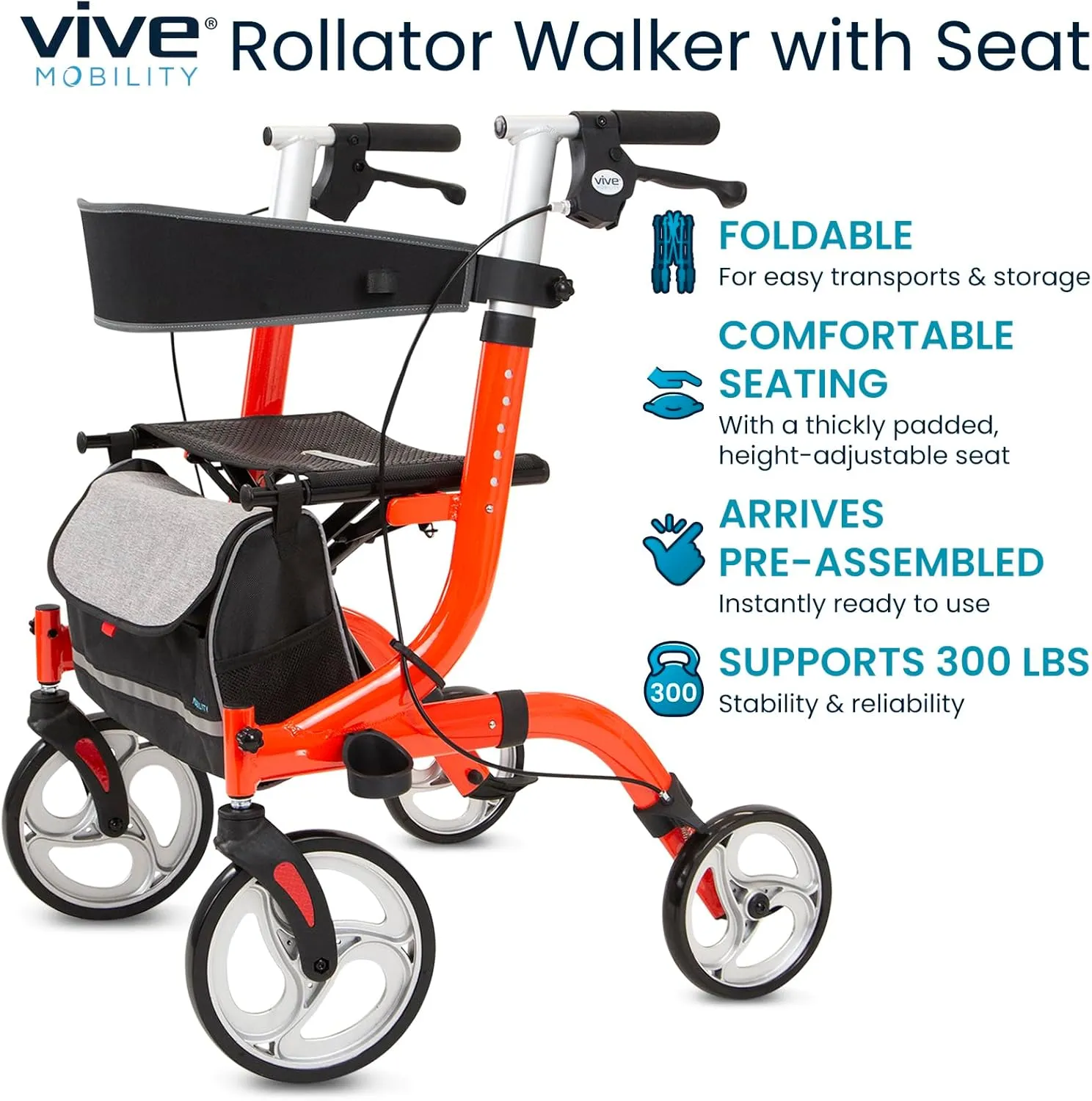 Vive Mobility Rollator Walker with Seat - Senior Easy Drive Folding Frame, Lightweight, Foldable, with Basket Support - Comfort Handles & Thick Backrest - Mobility Aid Accessories