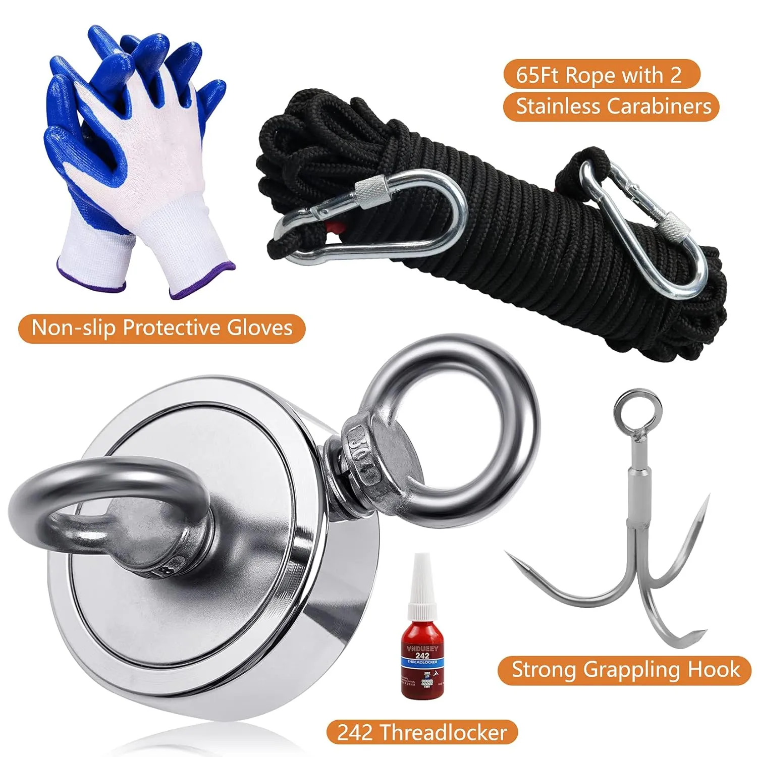VNDUEEY Magnet Fishing Kit, Fishing Magnets 760 LBS Pulling-Includes Grappling Hook, Heavy Duty 65FT Rope, Gloves & Locking Carabiner - 2.36inch Diameter
