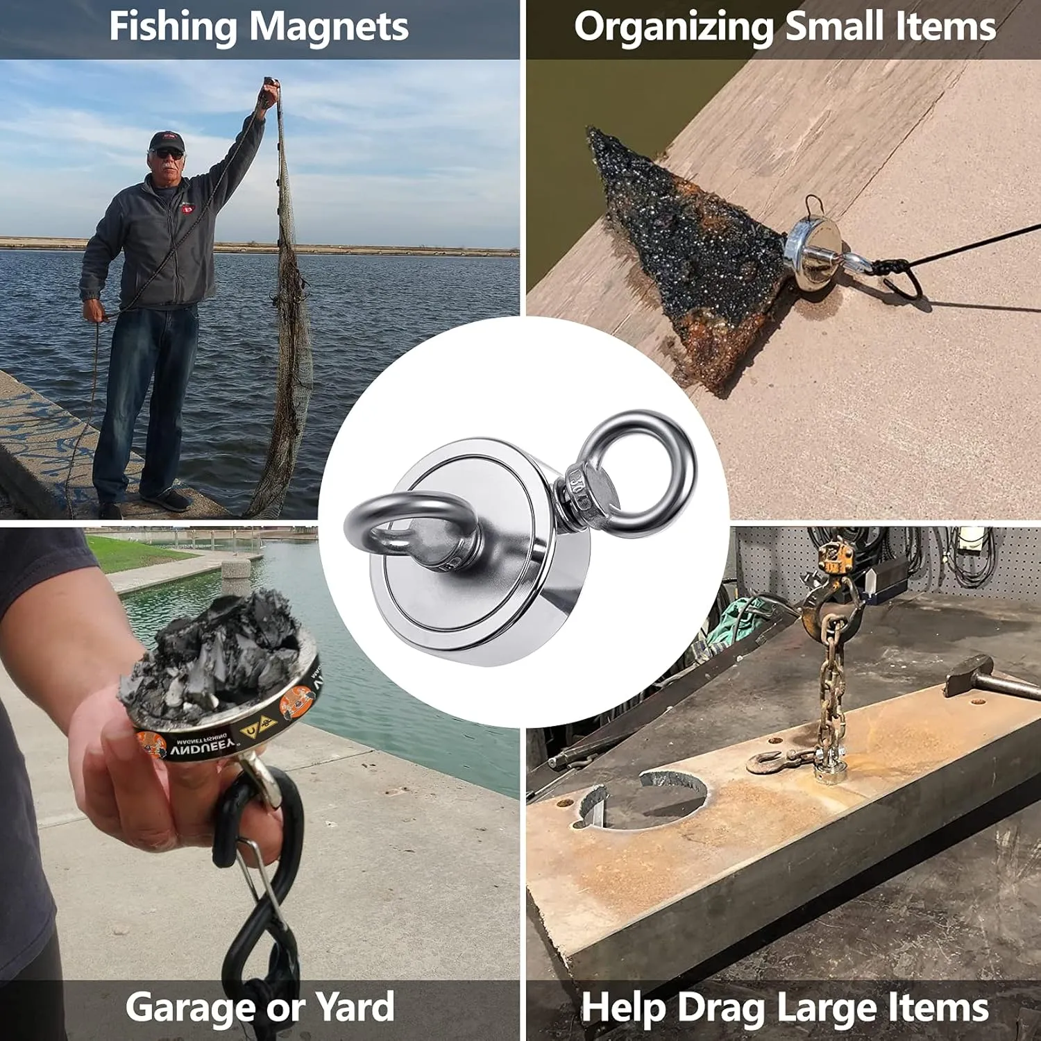 VNDUEEY Magnet Fishing Kit, Fishing Magnets 760 LBS Pulling-Includes Grappling Hook, Heavy Duty 65FT Rope, Gloves & Locking Carabiner - 2.36inch Diameter