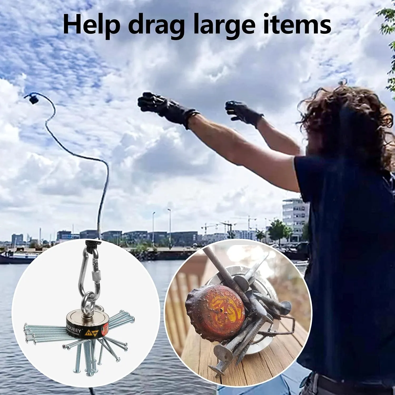 VNDUEEY Magnet Fishing Kit, Fishing Magnets 760 LBS Pulling-Includes Grappling Hook, Heavy Duty 65FT Rope, Gloves & Locking Carabiner - 2.36inch Diameter