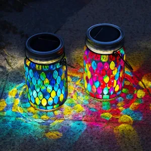 VOREEN 2 Pack Mosaic Solar Lanterns, Outdoor Glass Hanging Lights, Solar Table Lamps, Waterproof Night Lights, Jar Lantern, Gift for Dad, Decor for Garden, Patio, Yard, Balcony, Blue&Red