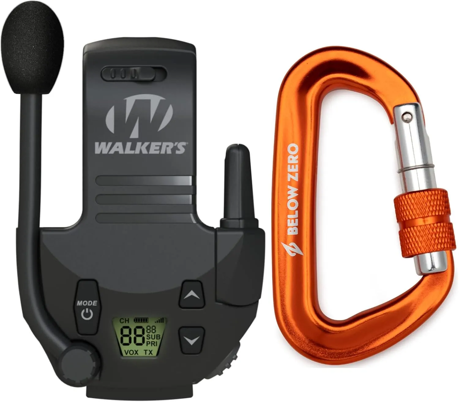 Walker's Tactical/Hunting 2-Mile Range Walkie Talkie Compatible with Razor Muffs Bundle with Heavy-Duty Carabiner (2 Items)