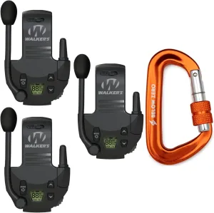 Walker's Tactical/Hunting 2-Mile Range Walkie Talkie for Razor Muffs (3-Pack) Bundle with Heavy-Duty Carabiner (4 Items)