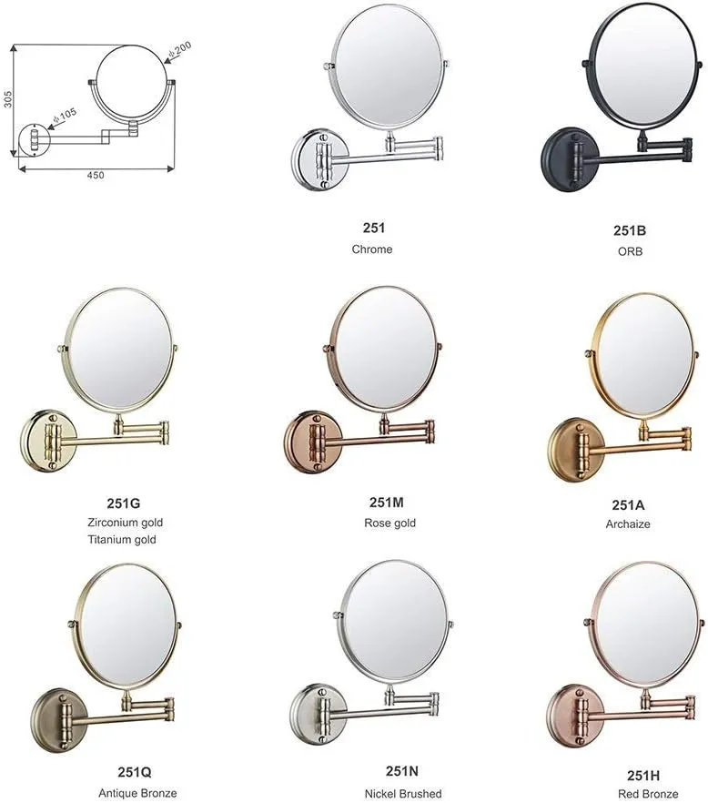 Wall Mount Makeup Mirrors 1X,3X Magnifying Double Sided Bathroom Shaving Cosmetic Mirror Adjustable Arms Wall Mirrors(251g,8inch)