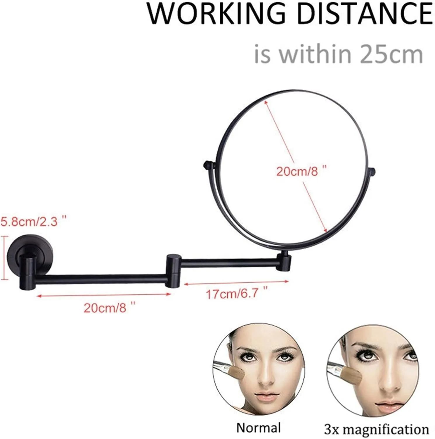 Wall-Mounted Makeup Mirror, 8 Inch Brass Magnifying Round Double Sided Shaving Mirror, Bathroom Extendable 360°(Black,10X)