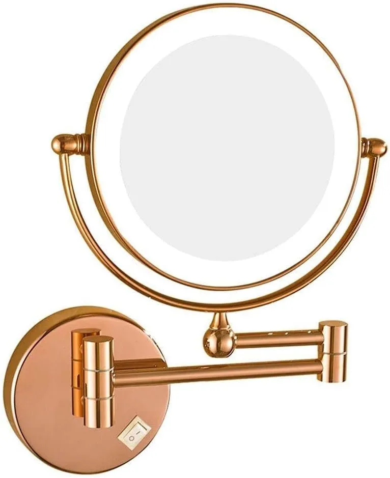 Wall Mounted Makeup Mirror with LED Light, 3X Magnification, 360° Swivel, Extendable, Two-Sided Mirror, Easy Installation, Gold Finish(Copper,7X)