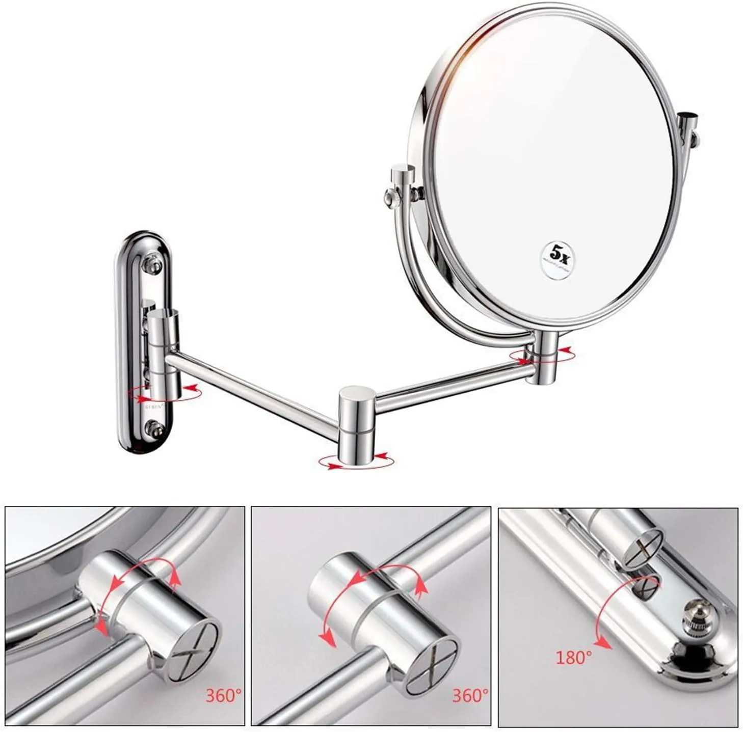 Wall Mounted Makeup Mirrors, 8 Inch Chrome Double Sided Vanity Mirrors with Magnifying, Bathroom Flexible Extendable 360° Swivel Cosmetic Mirrors,7X (Color : 5X)