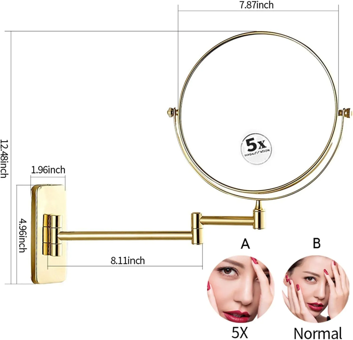 Wall Mounted Makeup Mirrors, 8 Inch Gold Finished Double Sided Vanity Mirrors with Magnifying, Bathroom Brass Extendable Rotable Mirrors,7X (Color : 5X)