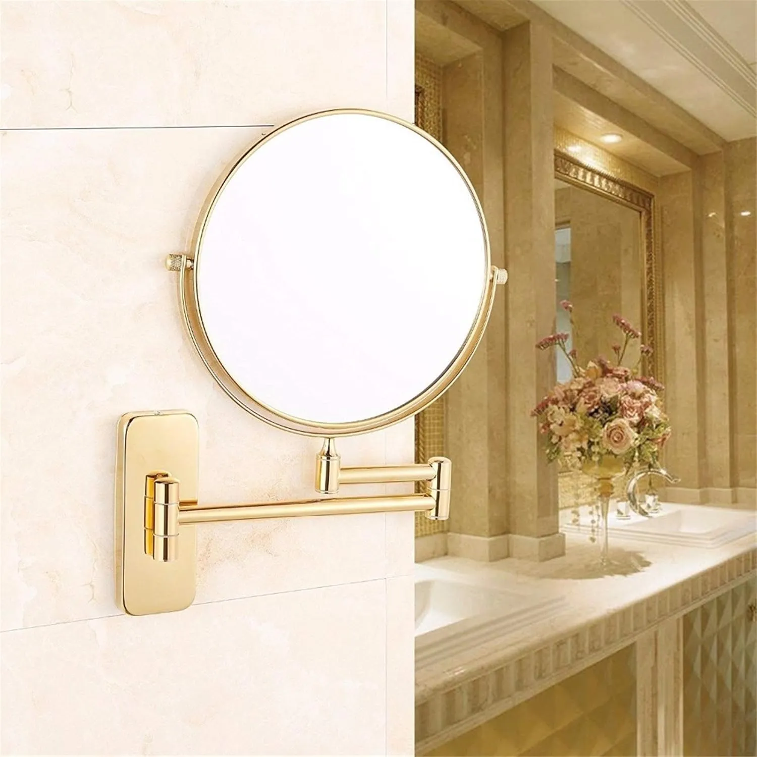 Wall Mounted Makeup Mirrors, 8 Inch Gold Finished Double Sided Vanity Mirrors with Magnifying, Bathroom Brass Extendable Rotable Mirrors,7X (Color : 5X)