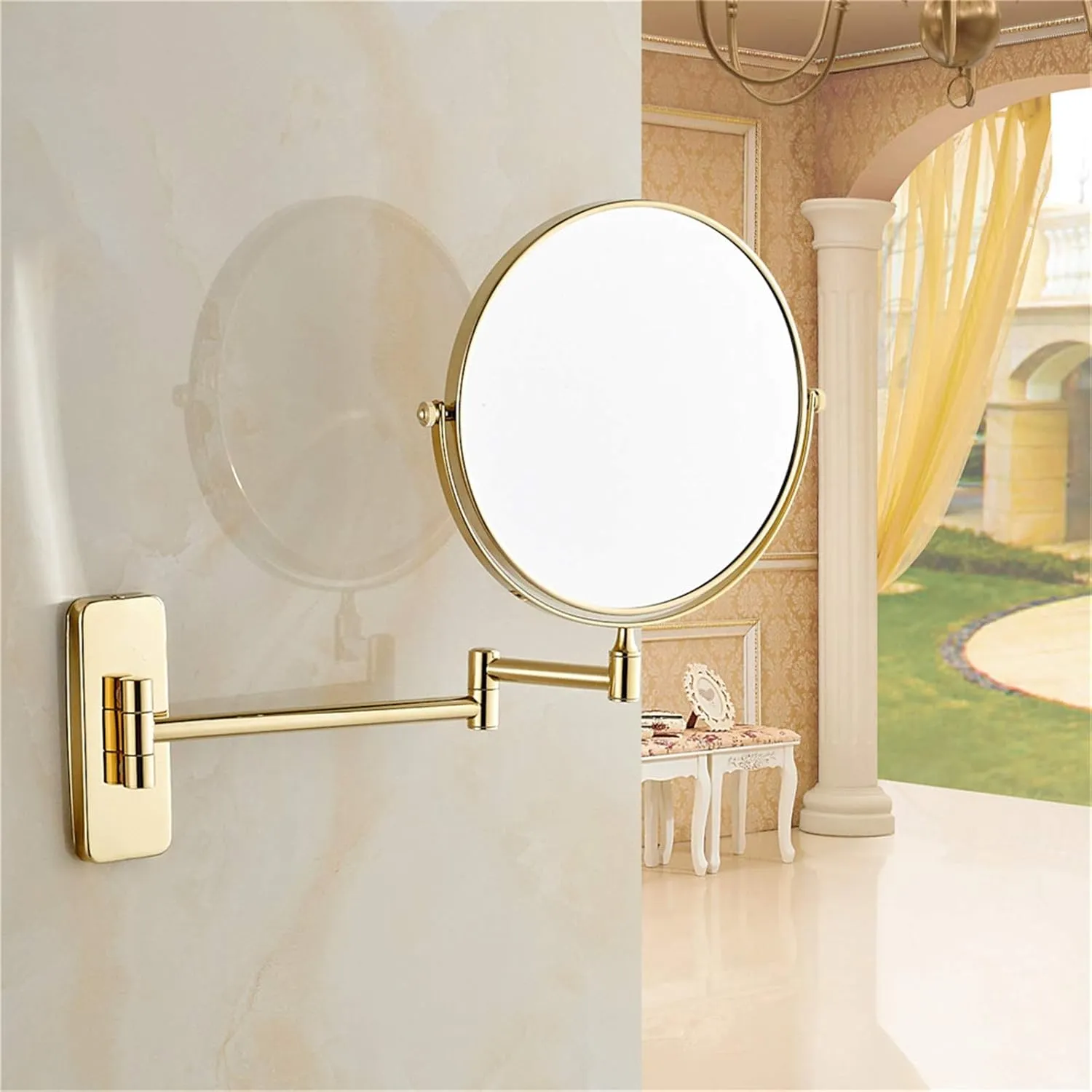 Wall Mounted Makeup Mirrors, 8 Inch Gold Finished Double Sided Vanity Mirrors with Magnifying, Bathroom Brass Extendable Rotable Mirrors,7X (Color : 5X)