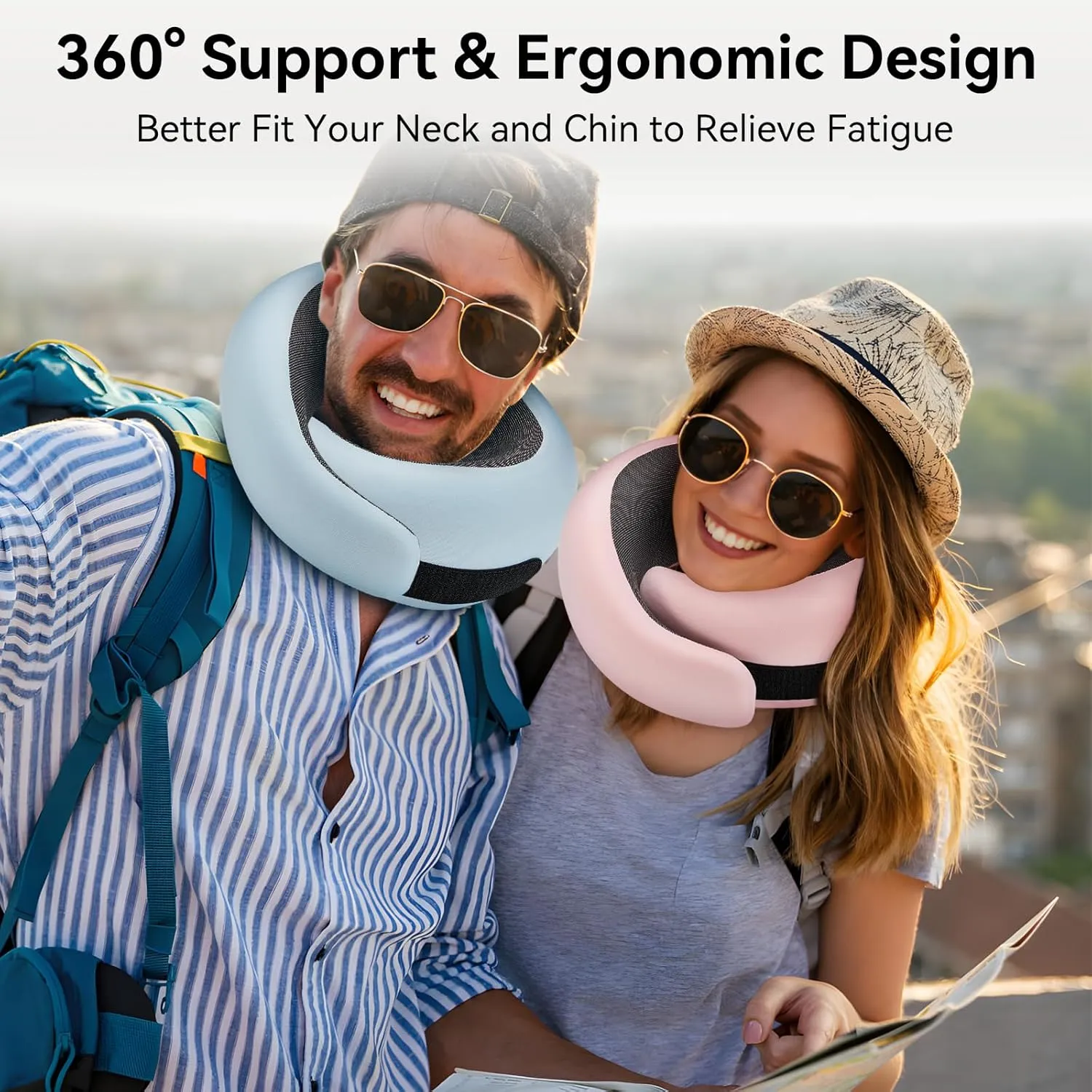 WANDER PLUS® Travel Pillow, 100% Pure Memory Foam Travel Neck Pillow Airplane Neck Support Ergonomic Design Best for Sleeping Plane Car Train Office Flight for Adults Black
