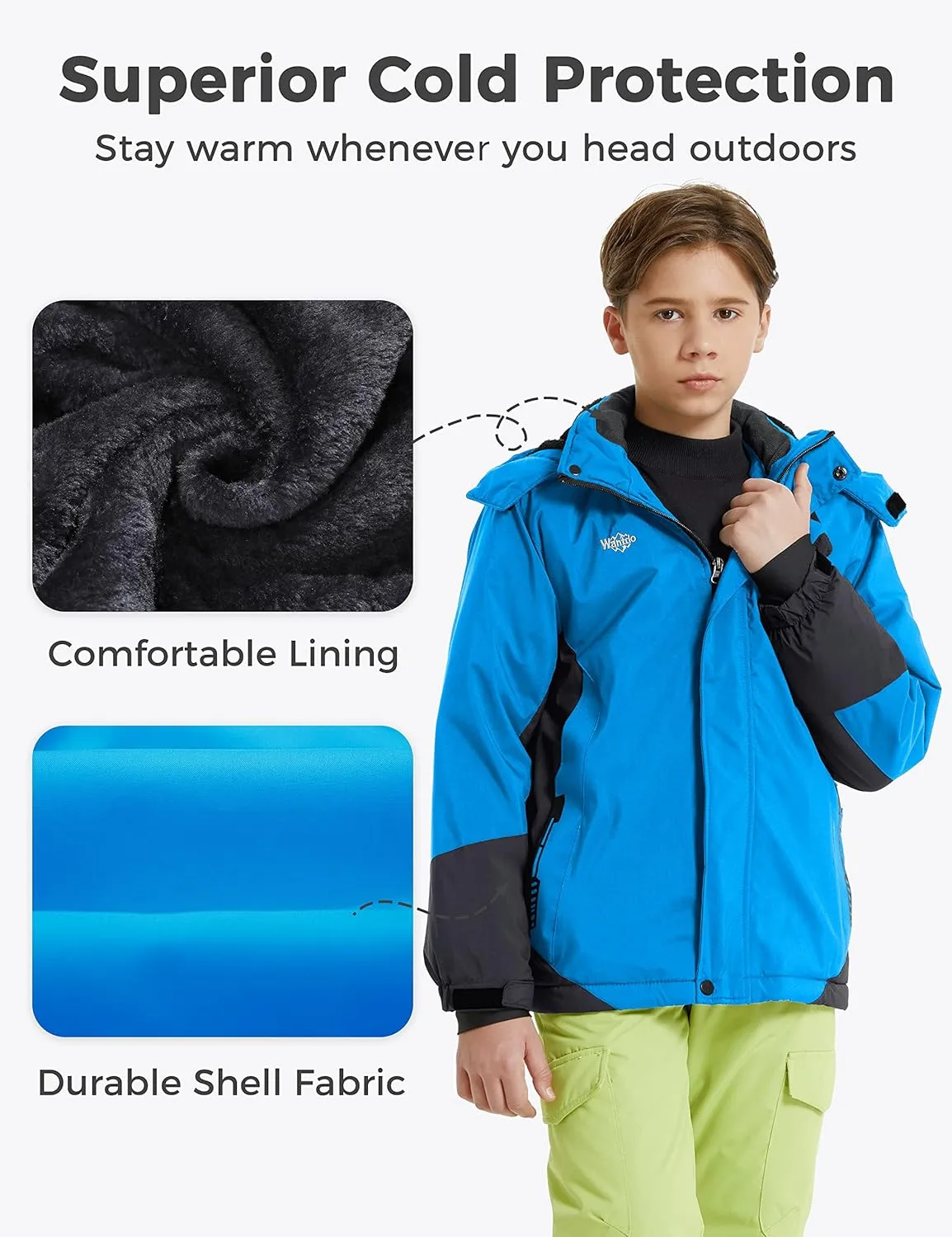 wantdo Boy's Ski Jacket Warm Fleece Winter Coat Waterproof Snow Jacket Rain Coat
