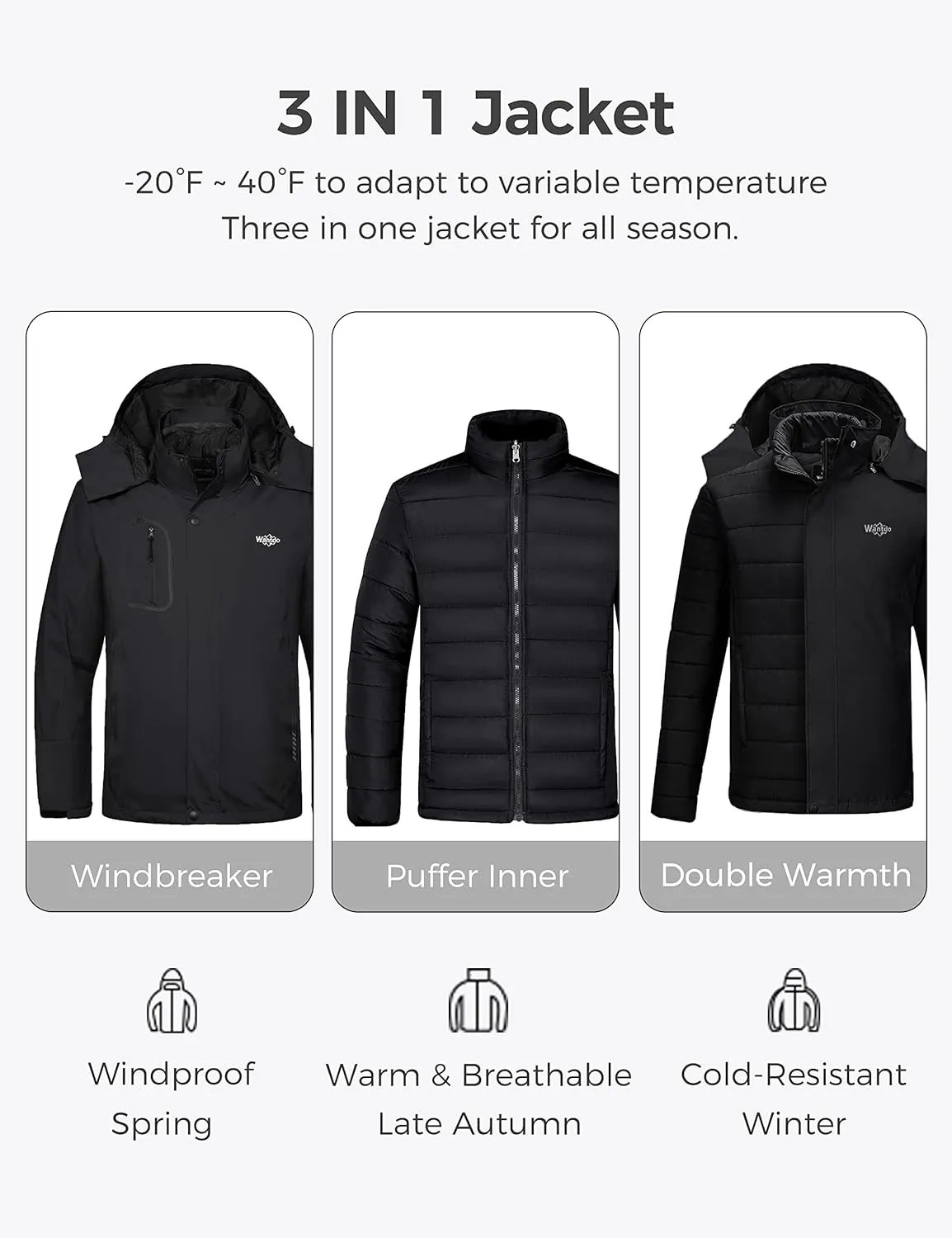 wantdo Men's 3 in 1 Waterproof Ski Jacket Warm Winter Snow Coat Puffer Rain Jacket