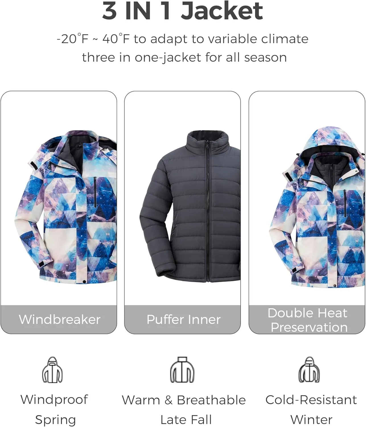 wantdo Women's 3 in 1 Plus Size Winter Coats Waterproof Ski Jacket Hooded Snowboarding Jacket