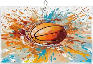 Watercolor Basketball Golf Towel with Heavy Duty Carabiner Clip Quick Dry Ultra Absorbent Club Ball Cleaning Towel Golf Accessories for Men Women