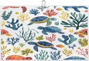 Watercolor Sea Turtles Seaweeds Golf Towel with Heavy Duty Carabiner Ultra Absorbent Quick Dry Perfect for Cleaning Clubs Balls Gear Essential Golf Accessory for Men Women Kids