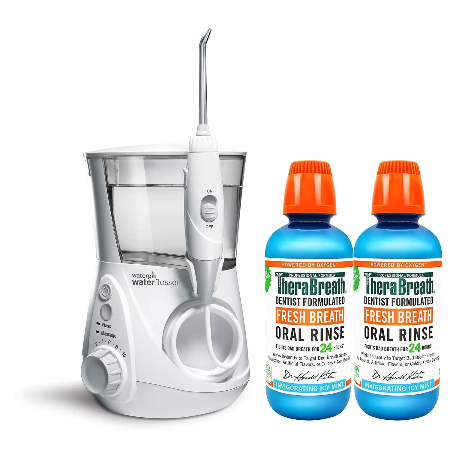 Waterpik Aquarius Water Flosser Professional With 7 Flossing Tips & TheraBreath Fresh Breath Dentist Formulated Oral Rinse, ICY Mint, 16 Ounce (Pack of 2)