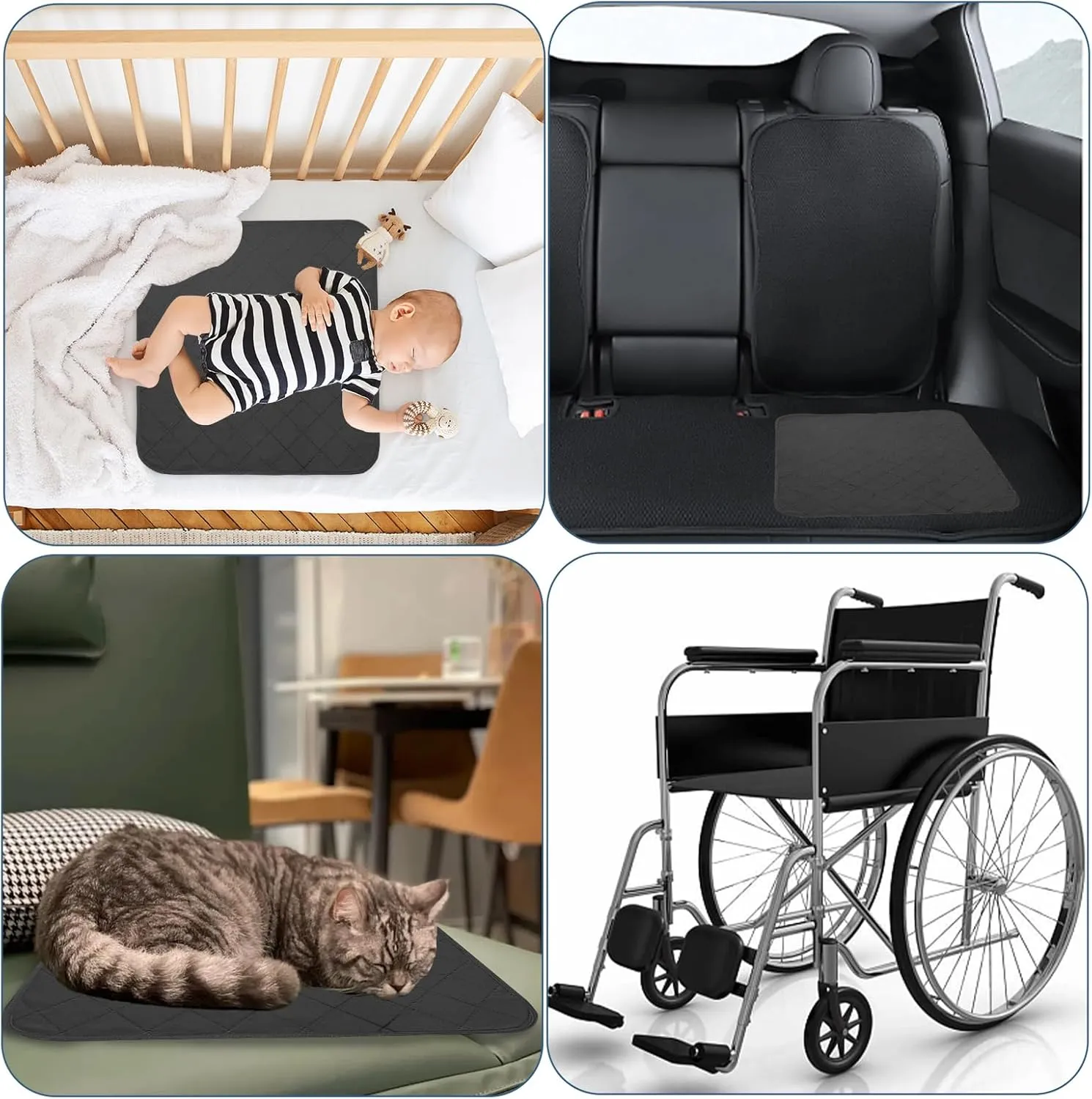 Waterproof Chair Pads for Incontinence, 4 Pack Reusable Seat Protector Pads 22" x 21", Washable Chair Protector Seat Cover, Non-Slip Absorbent Incontinence Pad for Bed, Wheelchair, Kid & Pet - Black