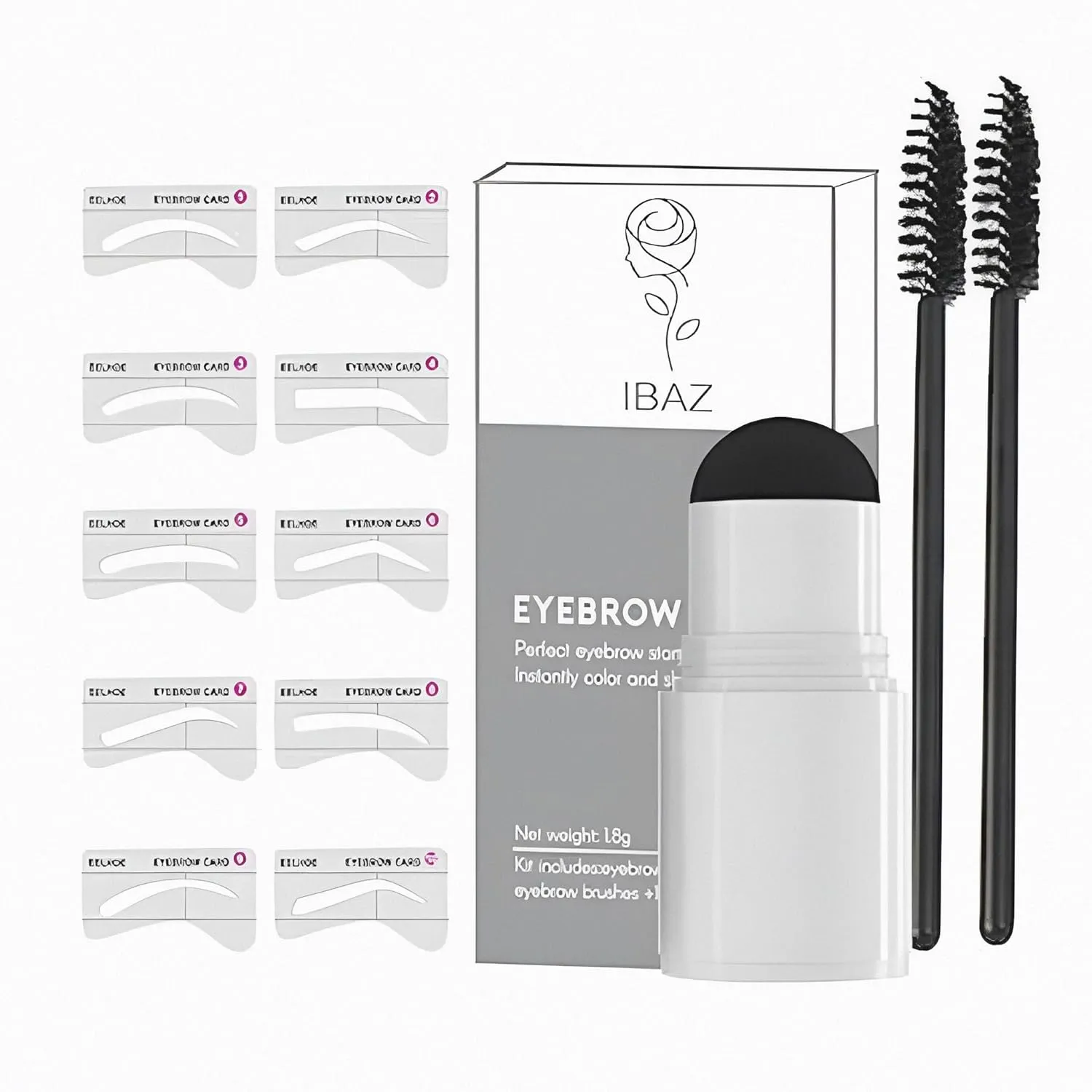 Waterproof Eyebrow Stamp Kit: 10 Reusable Stencils, 2 Brushes, Light Brown