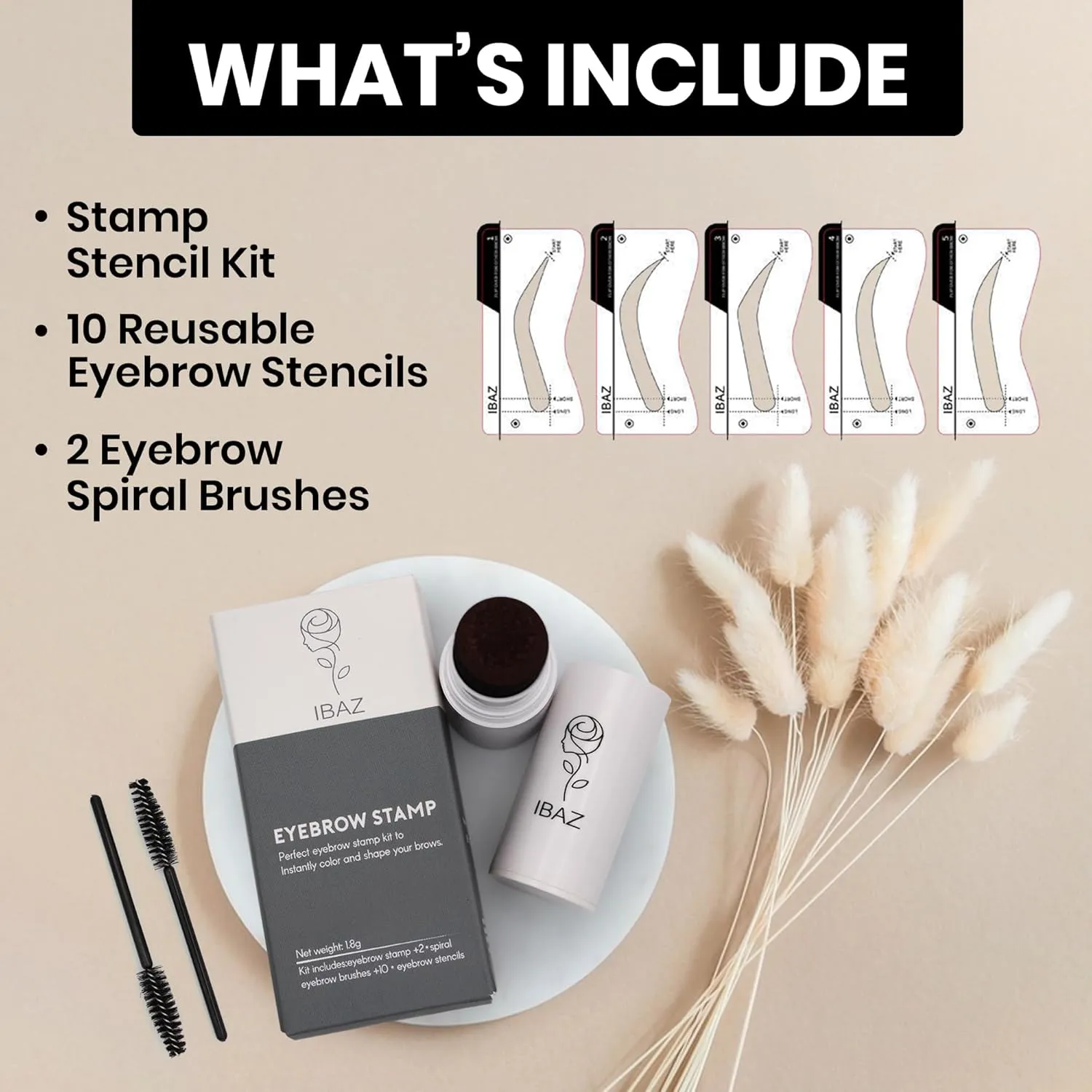 Waterproof Eyebrow Stamp Kit: 10 Reusable Stencils, 2 Brushes, Light Brown