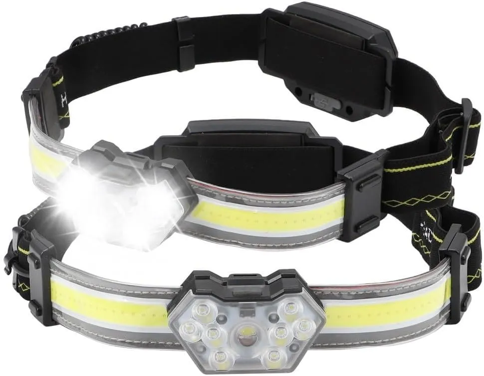 Wearable Led Headlight, 2 Pack 600 Lumen, Rechargeable, 270° Beam with Red Taillight, Waterproof 5 Modes for Outdoor, Fishing, and Night Activities